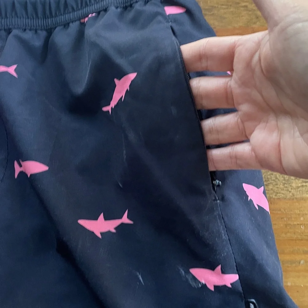 Black Swim Shorts with Pink Shark Print